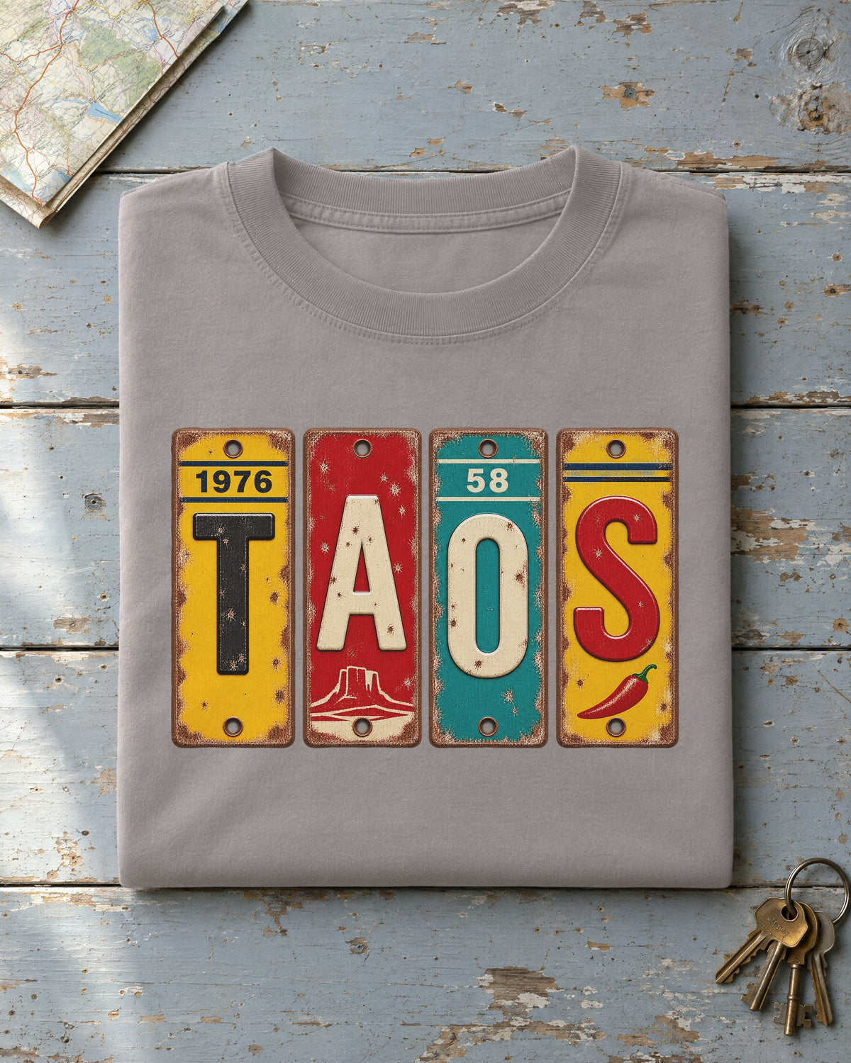 Taos, New Mexico vintage license plate t-shirt in Grey