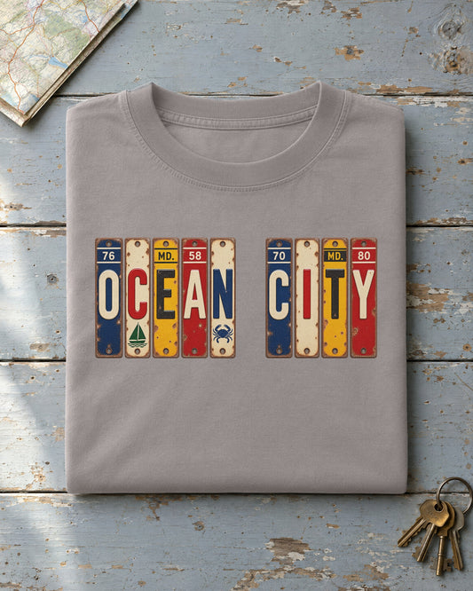 Ocean City, Maryland vintage license plate t-shirt in Grey
