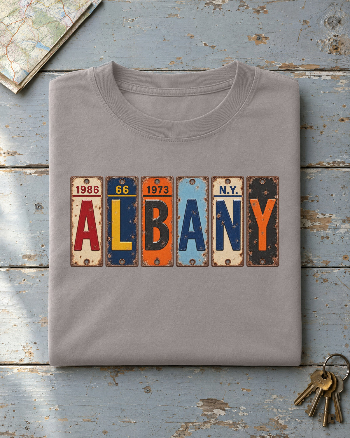 Albany, New York vintage license plate t-shirt in Grey