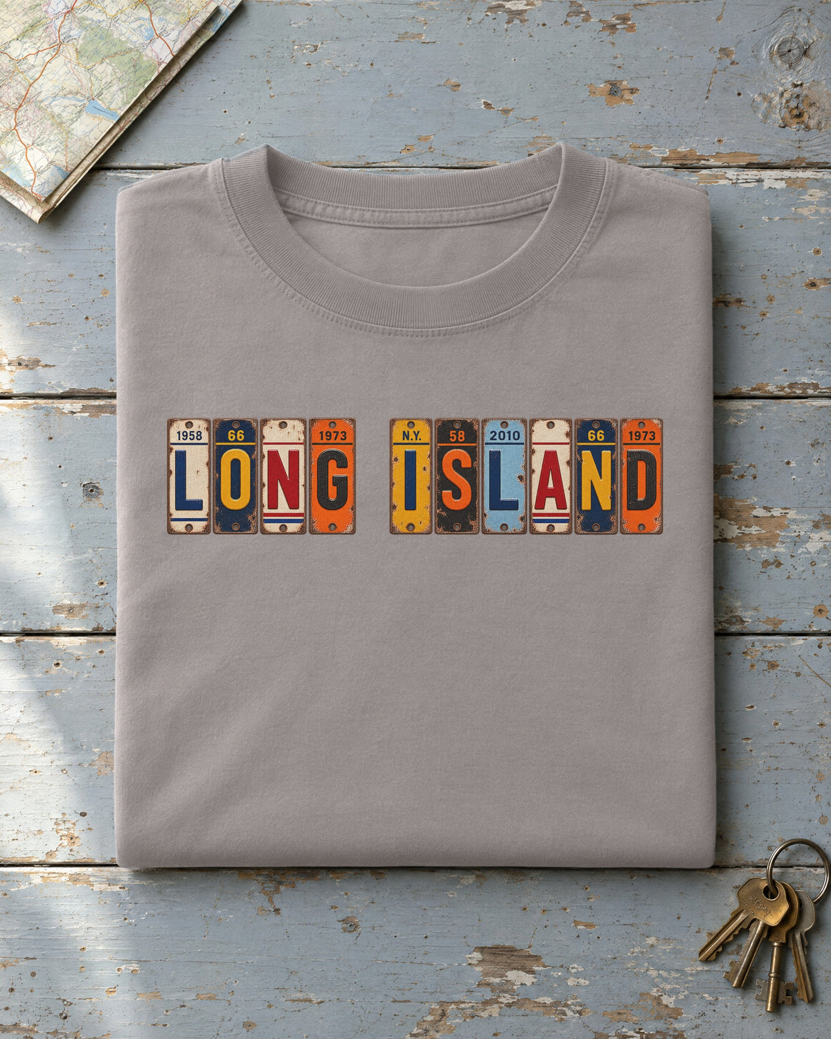 Long Island, New York vintage license plate t-shirt in Grey