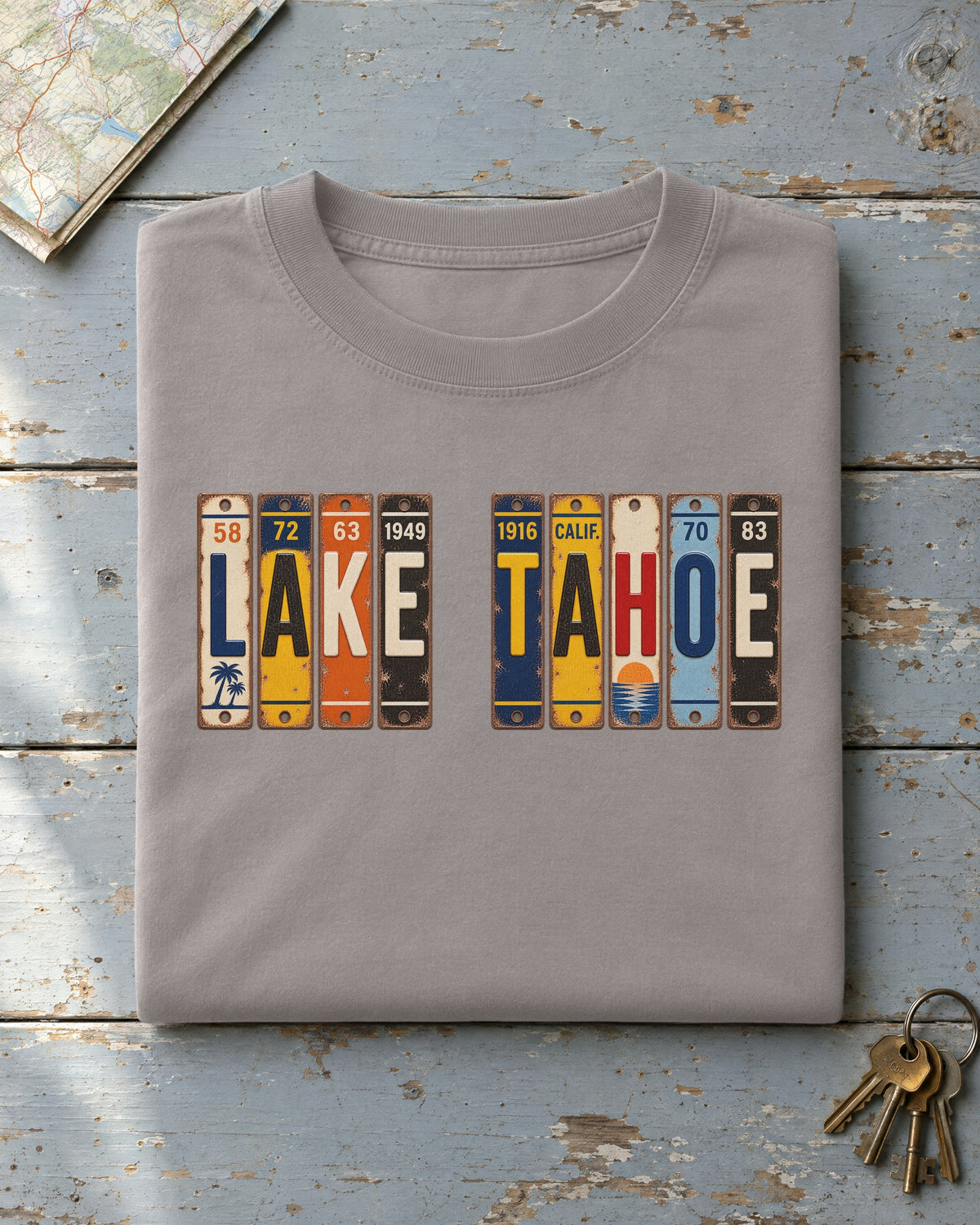 Lake Tahoe, California vintage license plate t-shirt in Grey