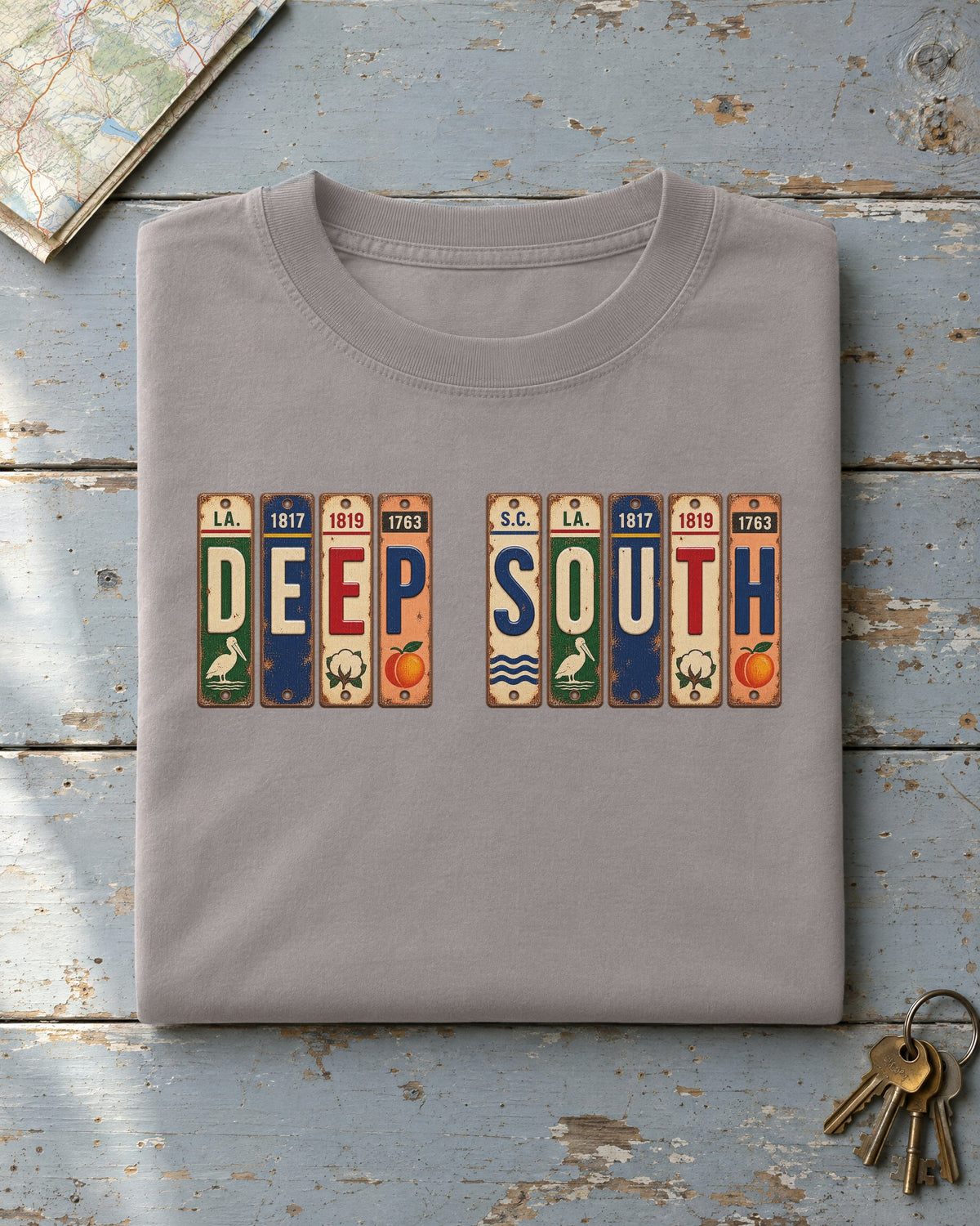 Deep South vintage license plate t-shirt in Grey