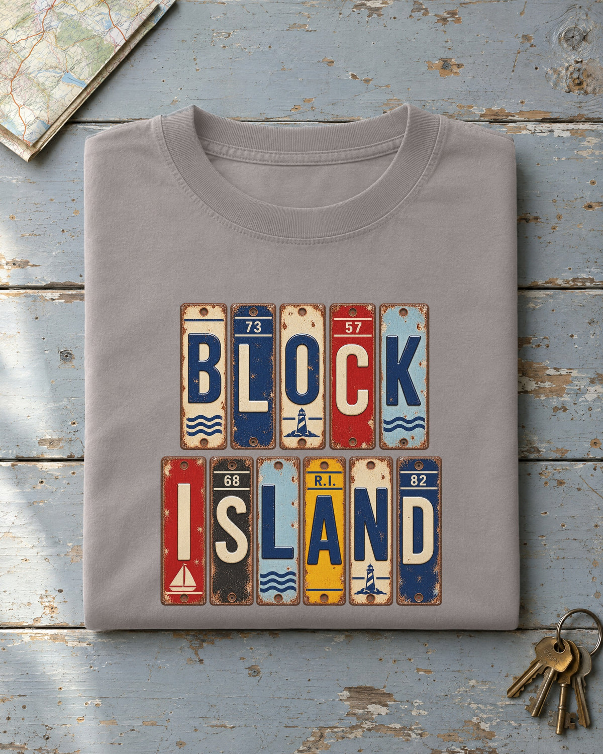 Block Island, Rhode Island vintage license plate t-shirt in Grey
