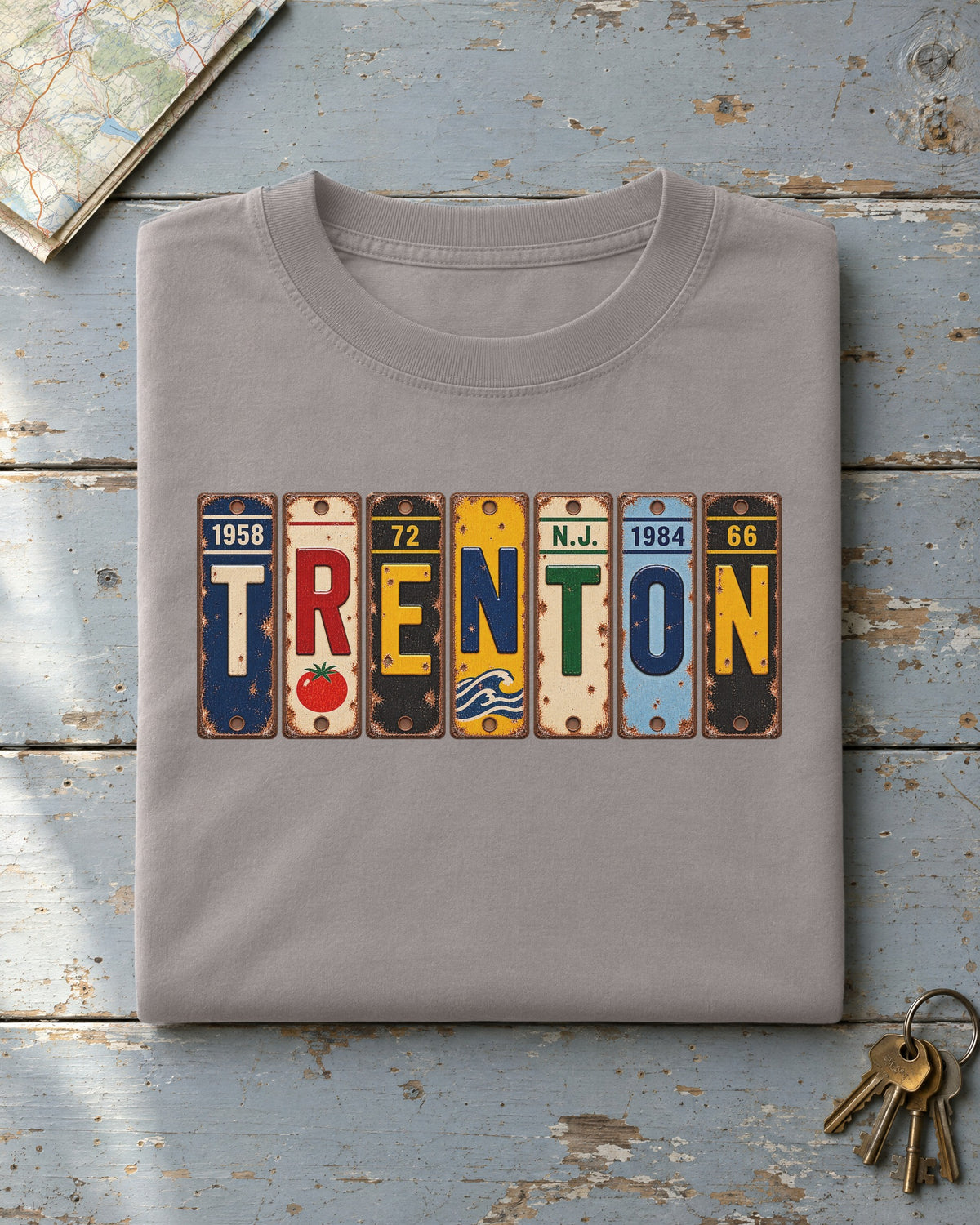 Trenton, New Jersey vintage license plate t-shirt in Grey