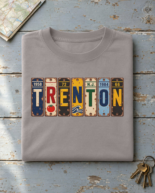 Trenton, New Jersey vintage license plate t-shirt in Grey