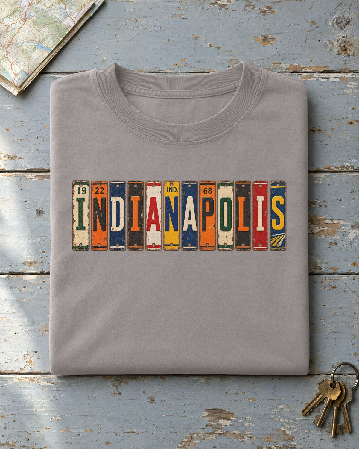 Indianapolis, Indiana vintage license plate t-shirt in Grey