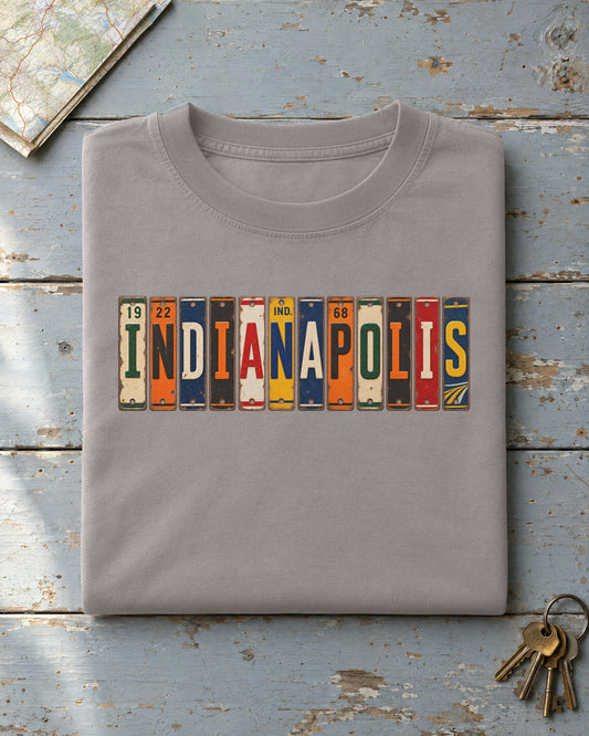 Indianapolis, Indiana vintage license plate t-shirt in Grey