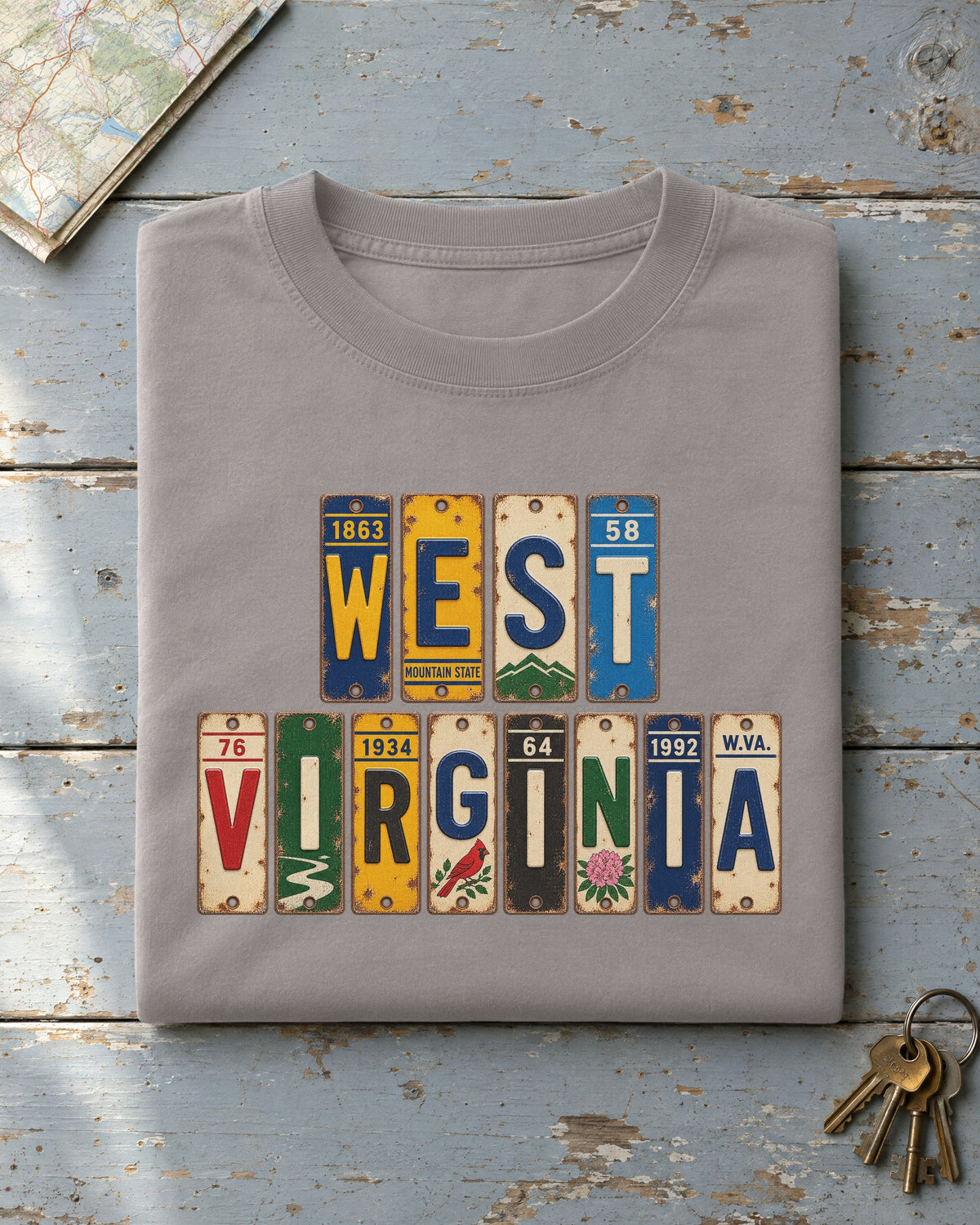 West Virginia vintage license plate t-shirt in Grey