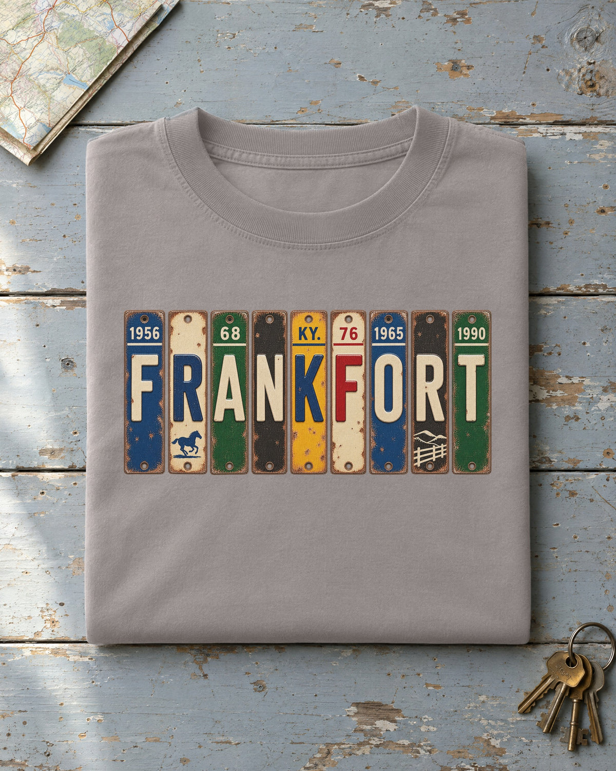 Frankfort, Kentucky vintage license plate t-shirt in Grey