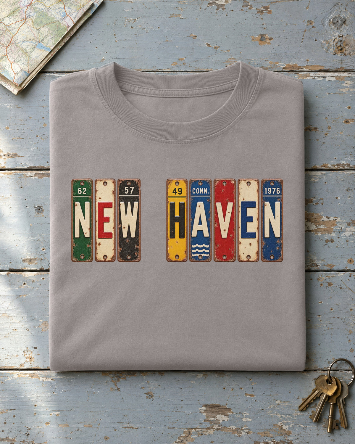 New Haven, Connecticut vintage license plate t-shirt in Grey