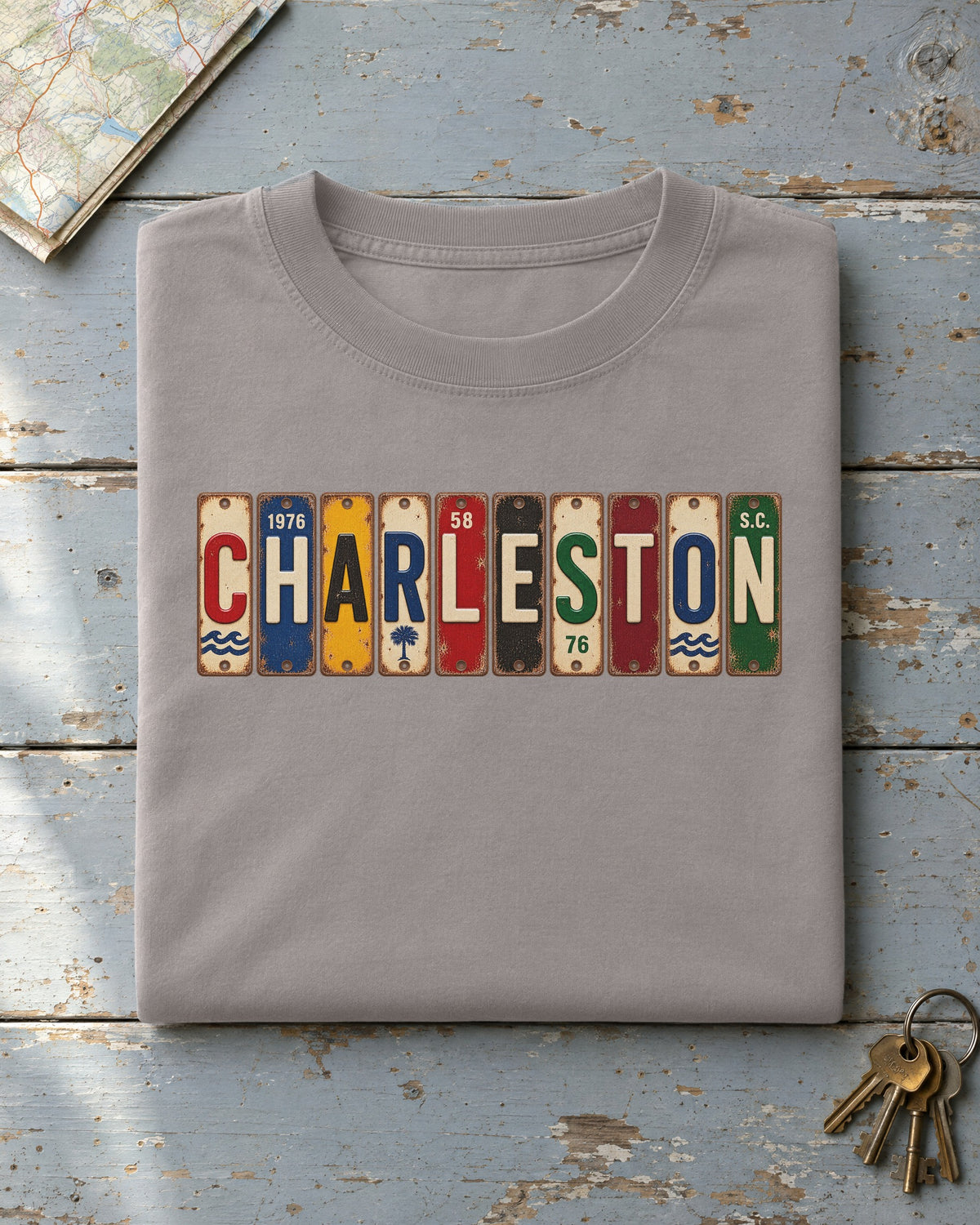 Charleston, South Carolina vintage license plate t-shirt in Grey