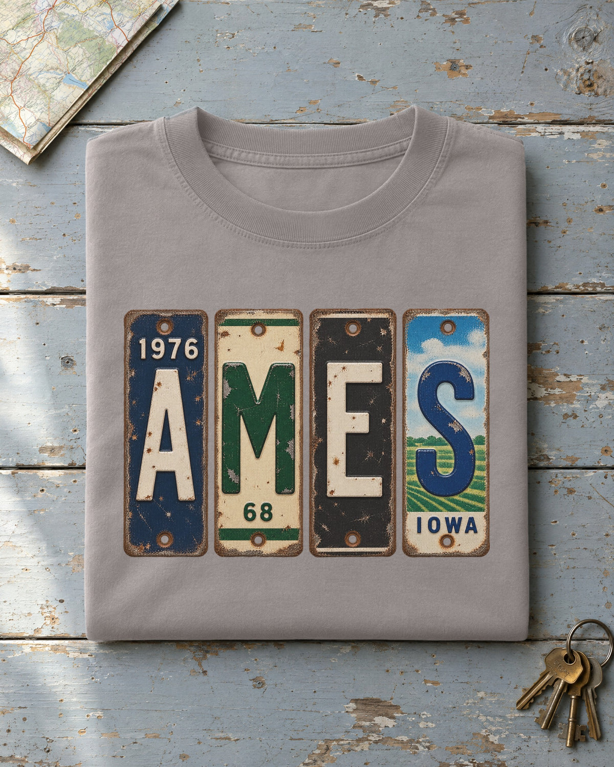 Ames, Iowa vintage license plate t-shirt in Grey