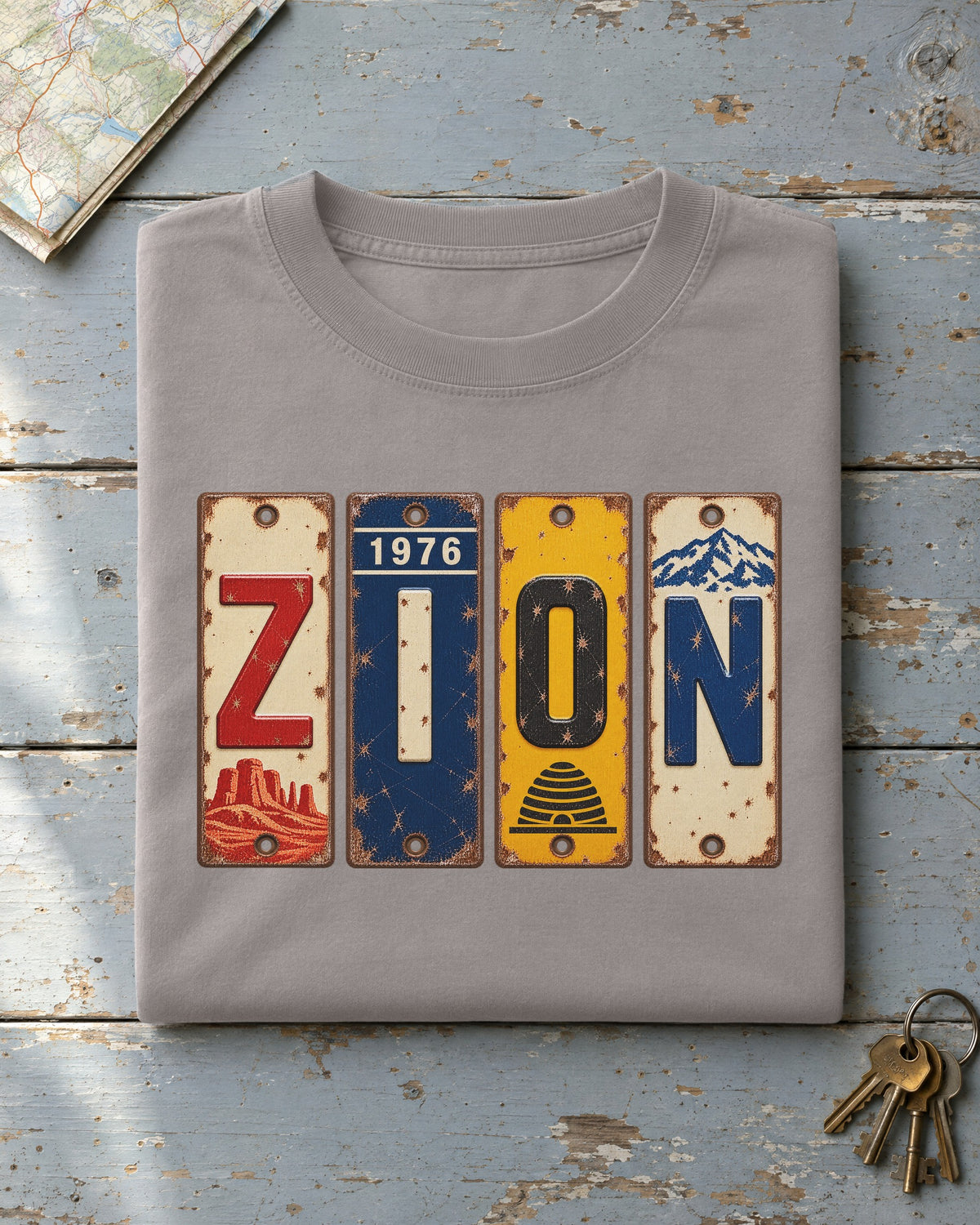 Zion, Utah vintage license plate t-shirt in Grey