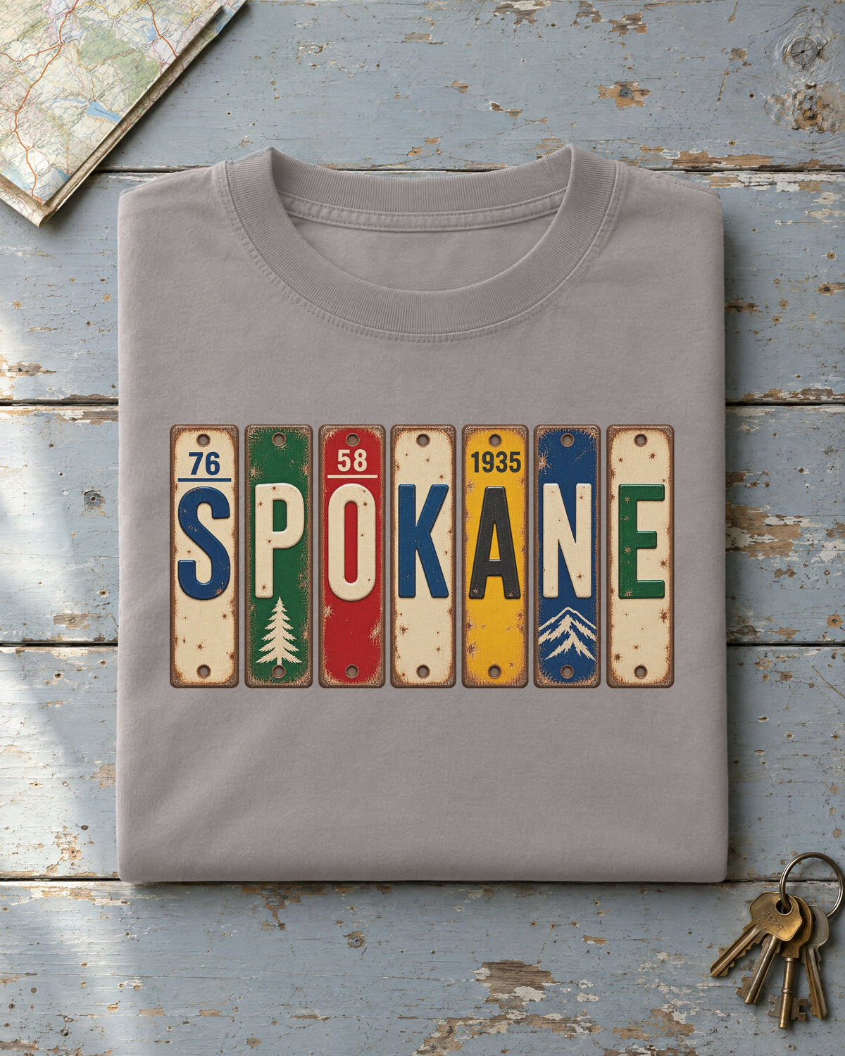 Spokane, Washington vintage license plate t-shirt in Grey