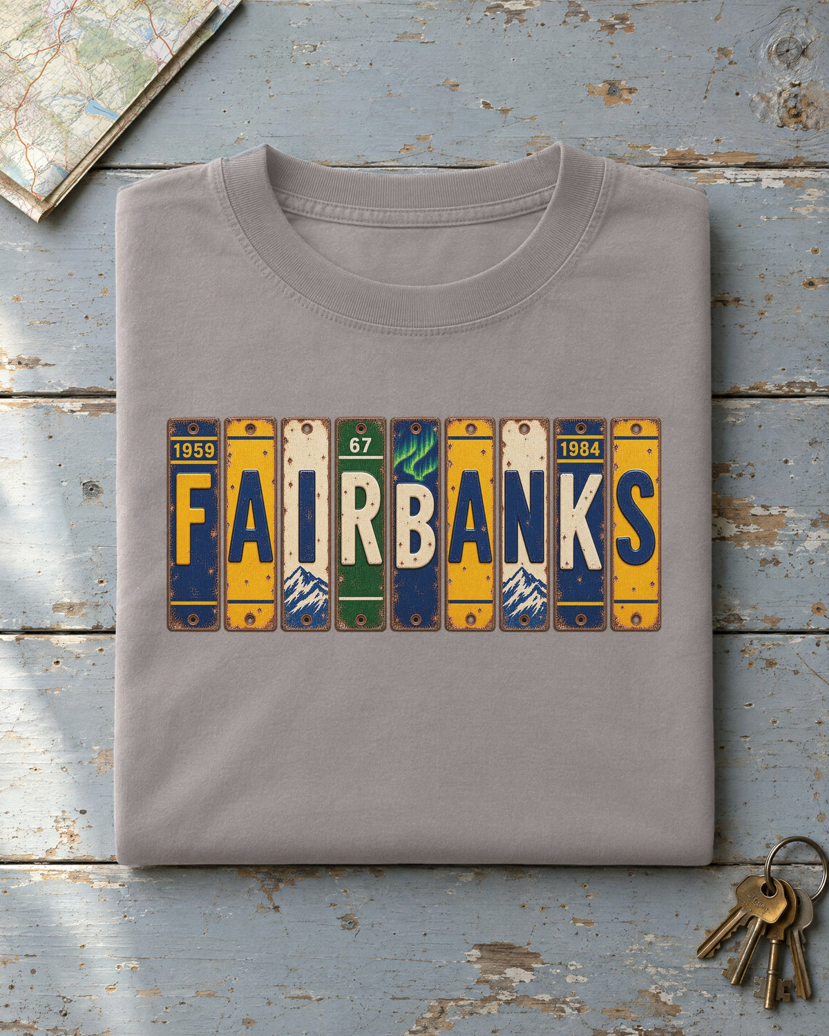 Fairbanks, Alaska vintage license plate t-shirt in Grey