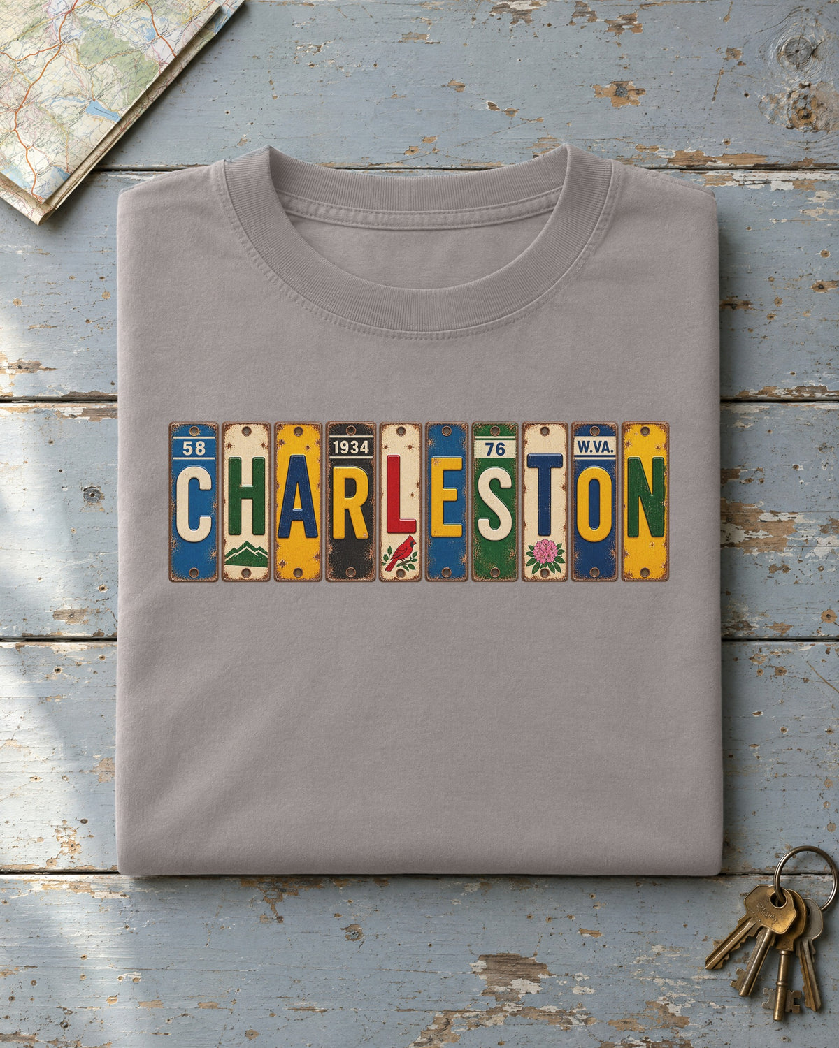 Charleston, West Virginia vintage license plate t-shirt in Grey