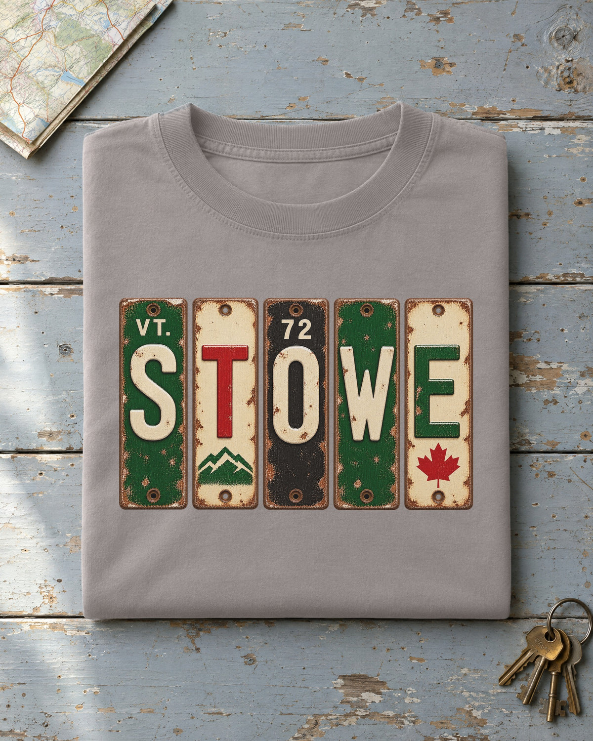 Stowe, Vermont vintage license plate t-shirt in Grey
