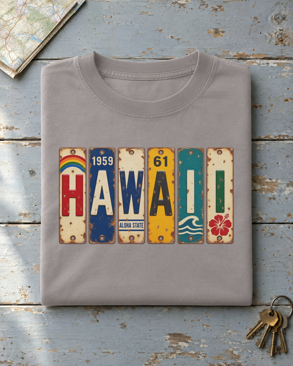 Hawaii vintage license plate t-shirt in Grey