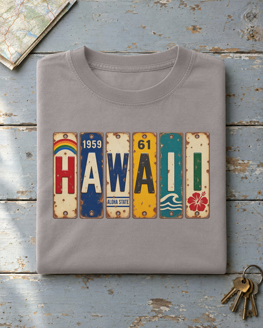 Hawaii vintage license plate t-shirt in Grey