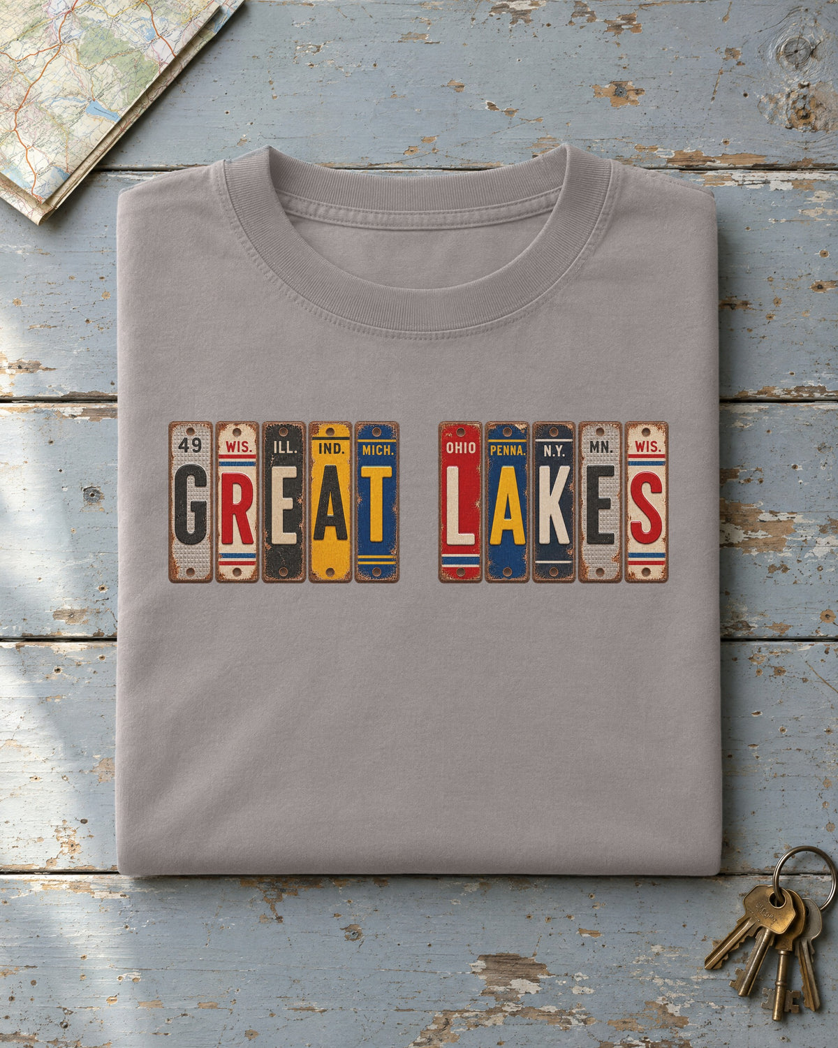 Great Lakes vintage license plate t-shirt in Grey