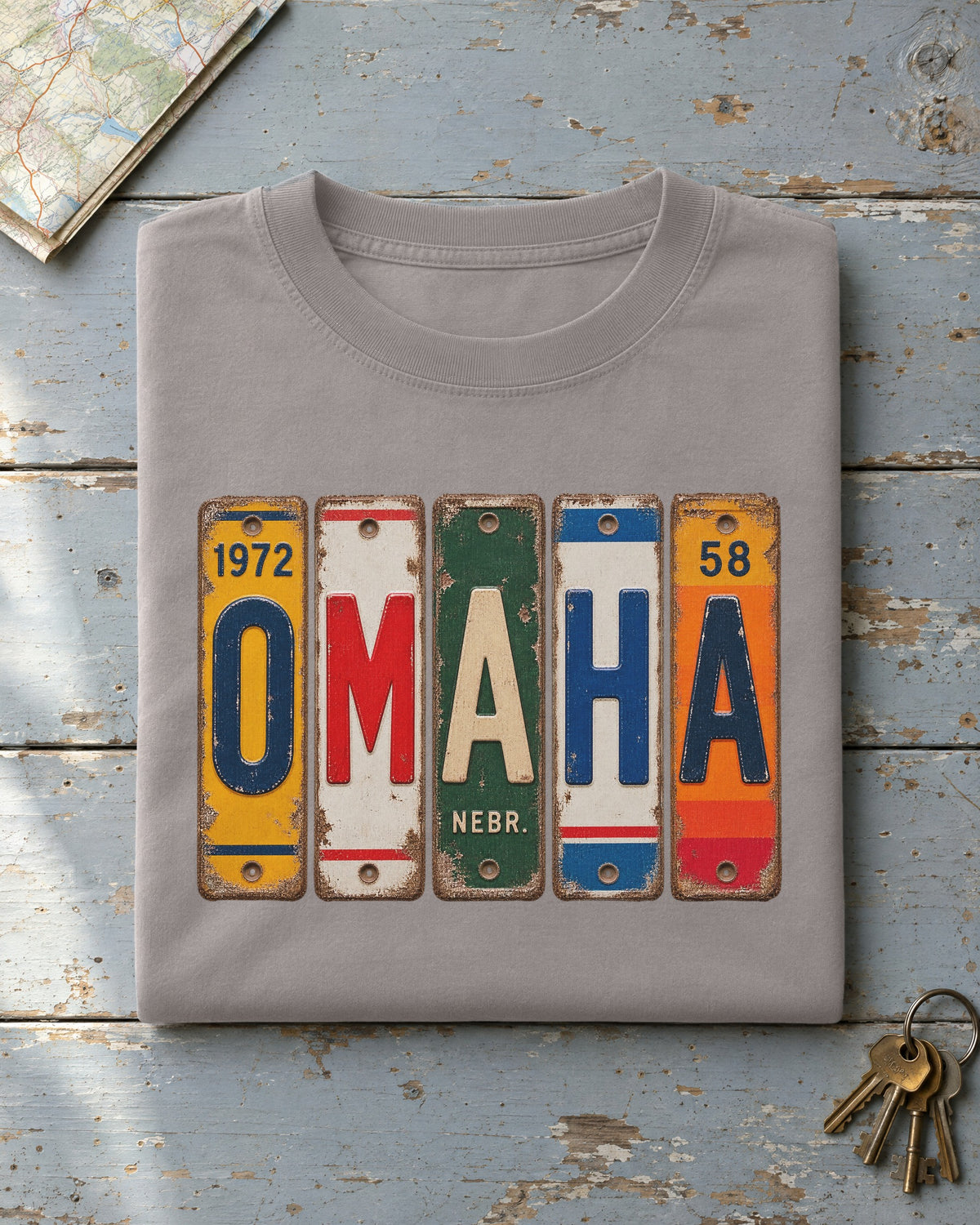 Omaha, Nebraska vintage license plate t-shirt in Grey