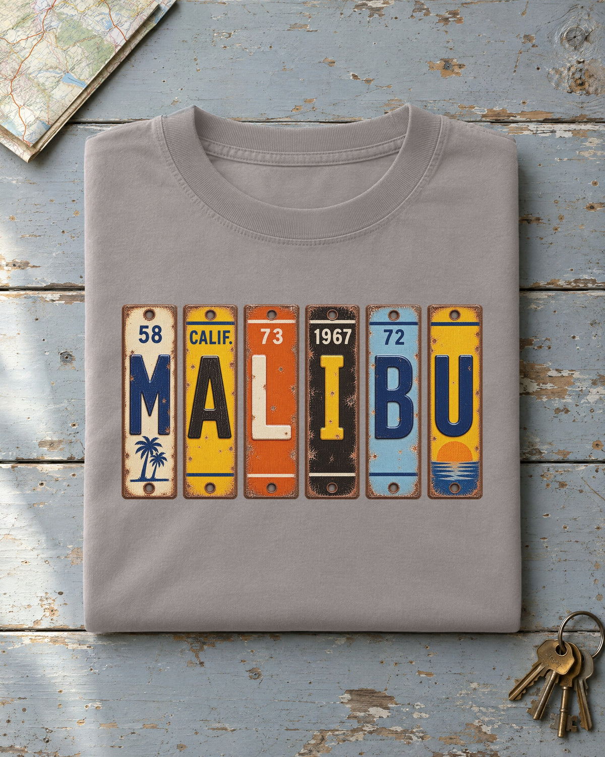 Malibu, California vintage license plate t-shirt in Grey