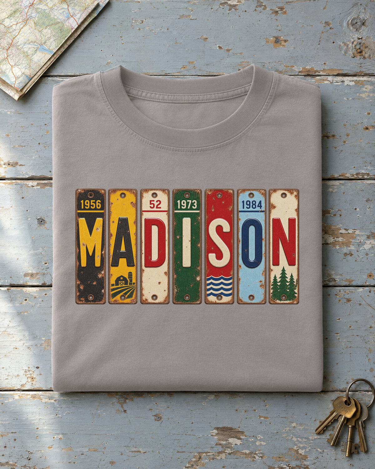 Madison, Wisconsin vintage license plate t-shirt in Grey