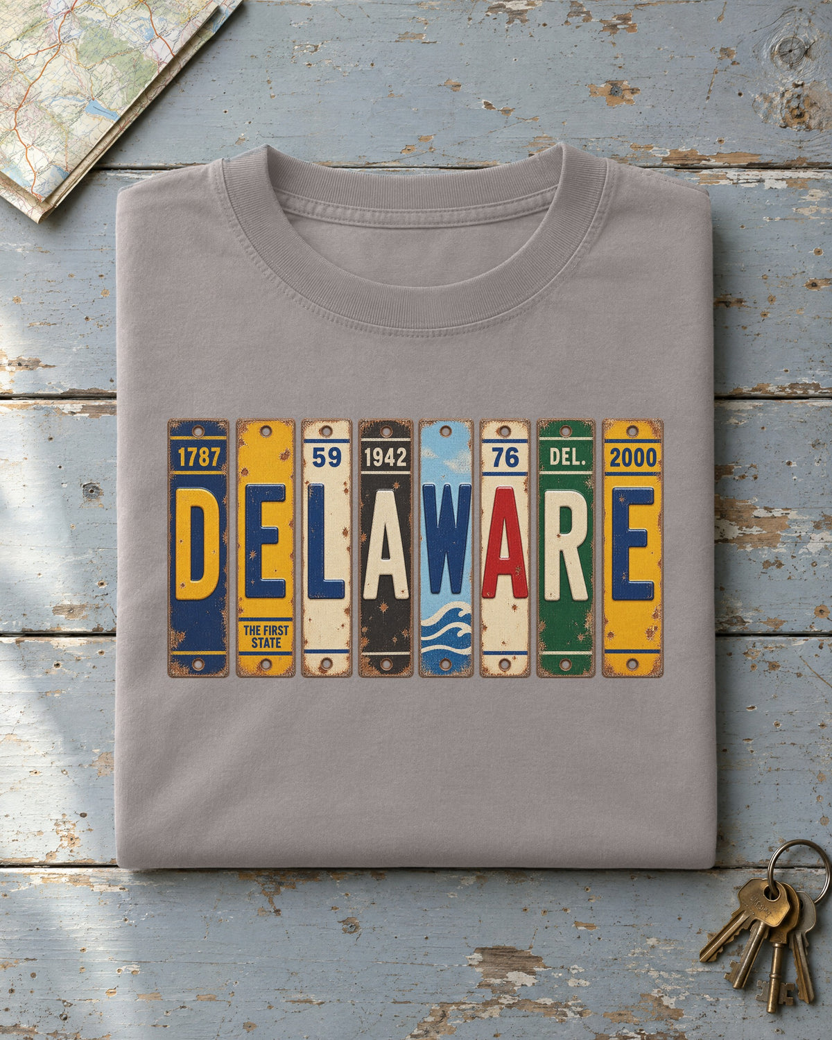 Delaware vintage license plate t-shirt in Grey