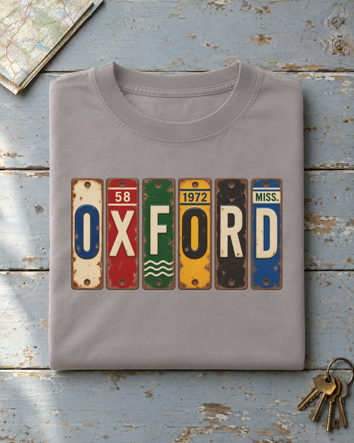 Oxford, Mississippi vintage license plate t-shirt in Grey