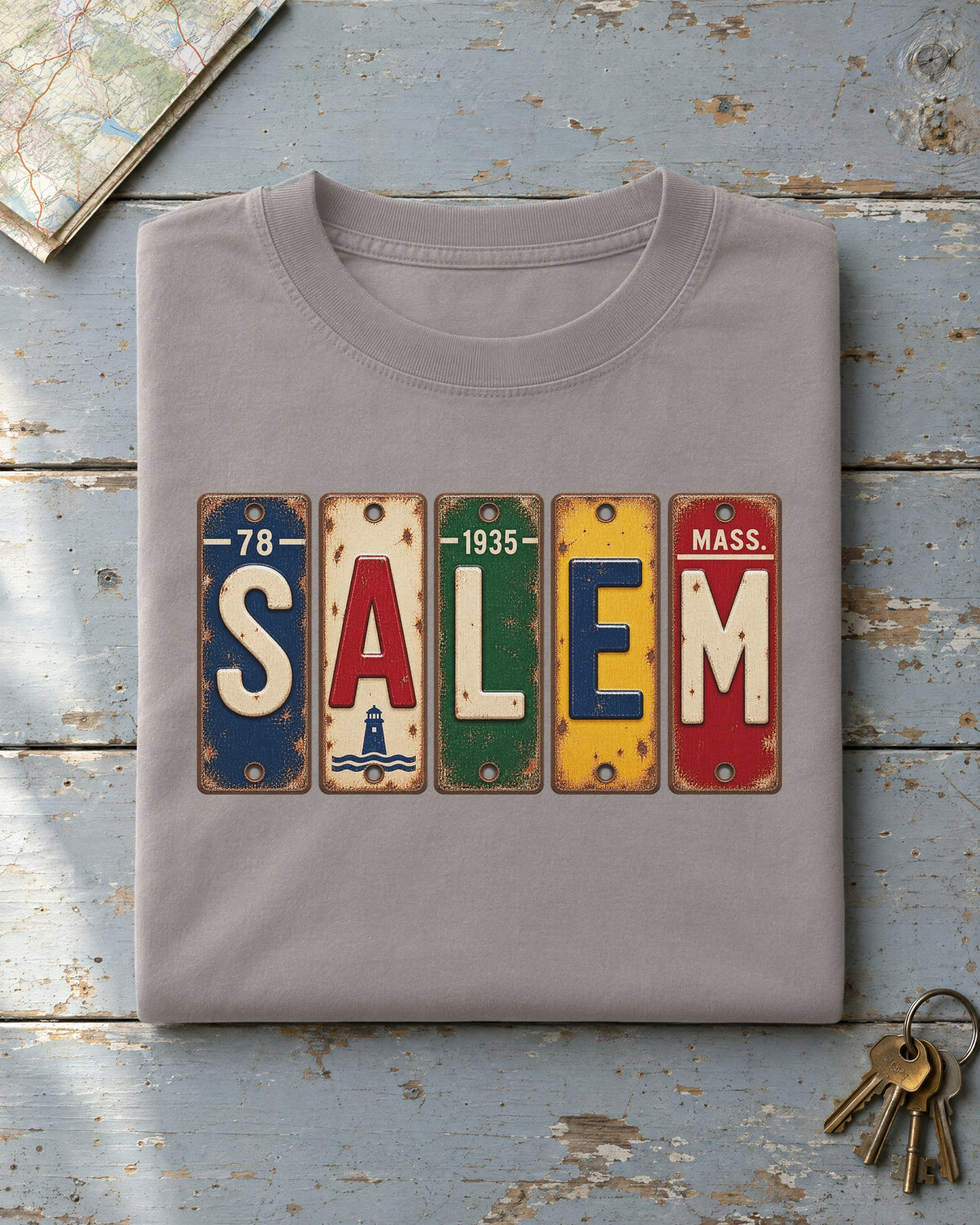 Salem, Massachusetts vintage license plate t-shirt in Grey