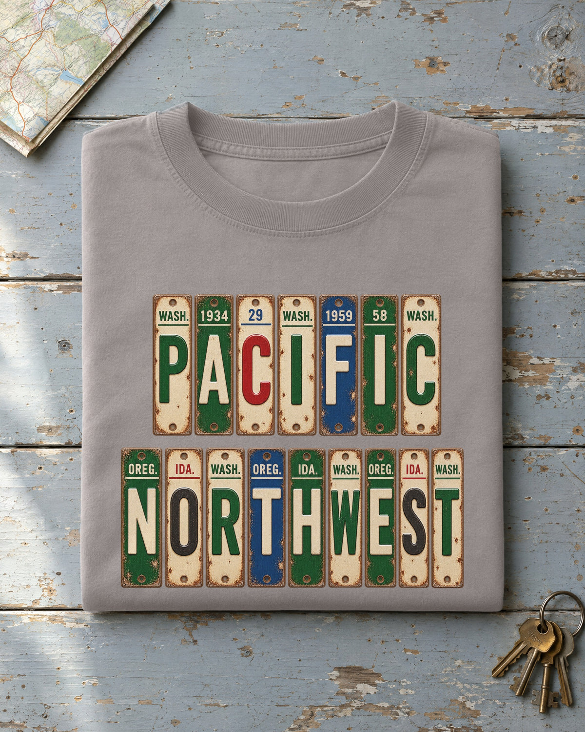 Pacific Northwest vintage license plate t-shirt in Grey