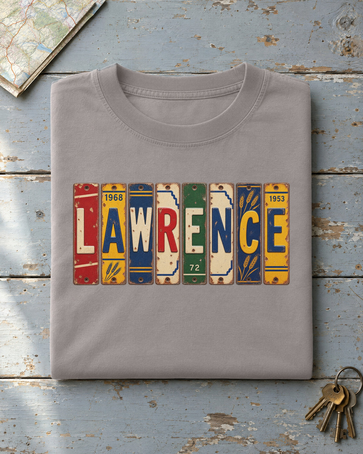 Lawrence, Kansas vintage license plate t-shirt in Grey