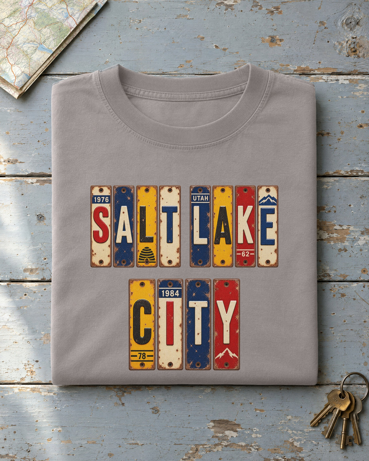 Salt Lake City, Utah vintage license plate t-shirt in Grey