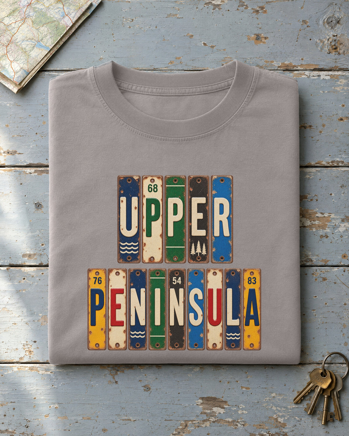 Upper Peninsula, Michigan vintage license plate t-shirt in Grey
