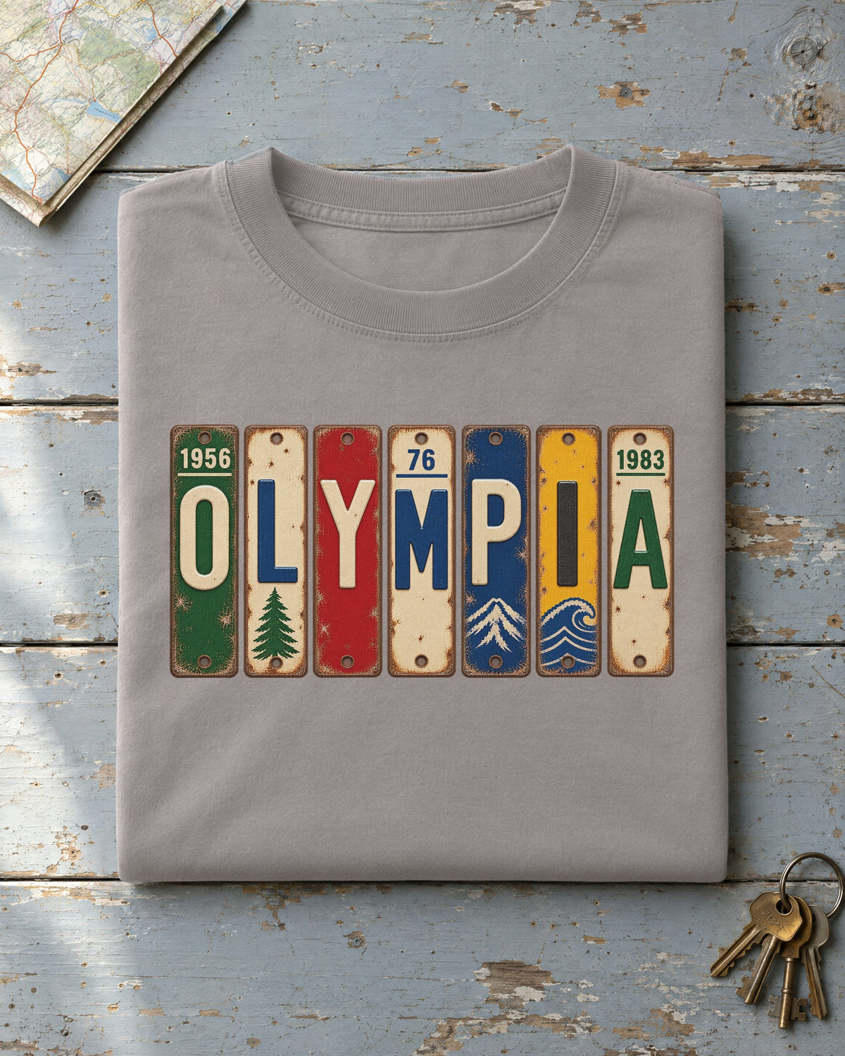 Olympia, Washington vintage license plate t-shirt in Grey