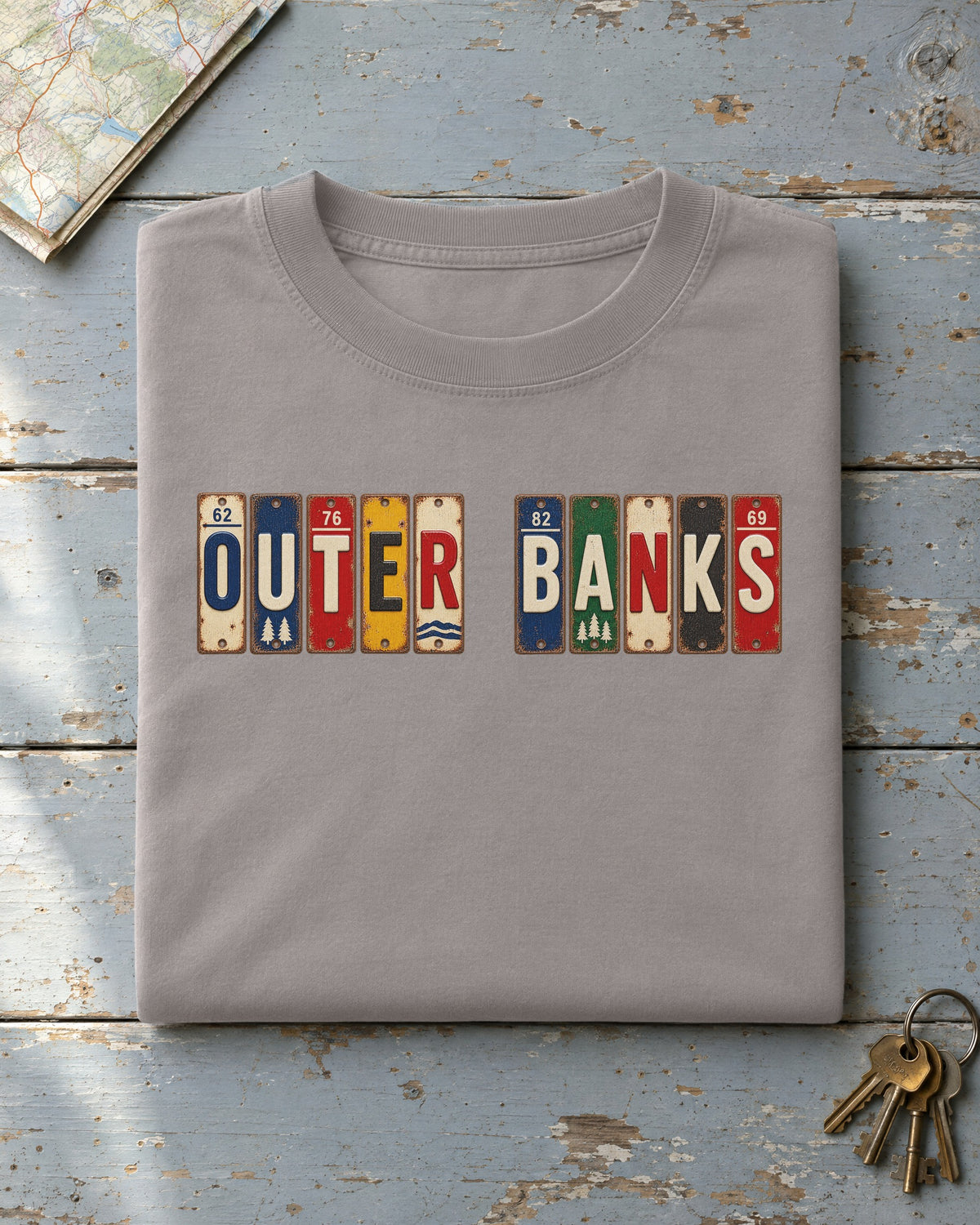 Outer Banks, North Carolina vintage license plate t-shirt in Grey