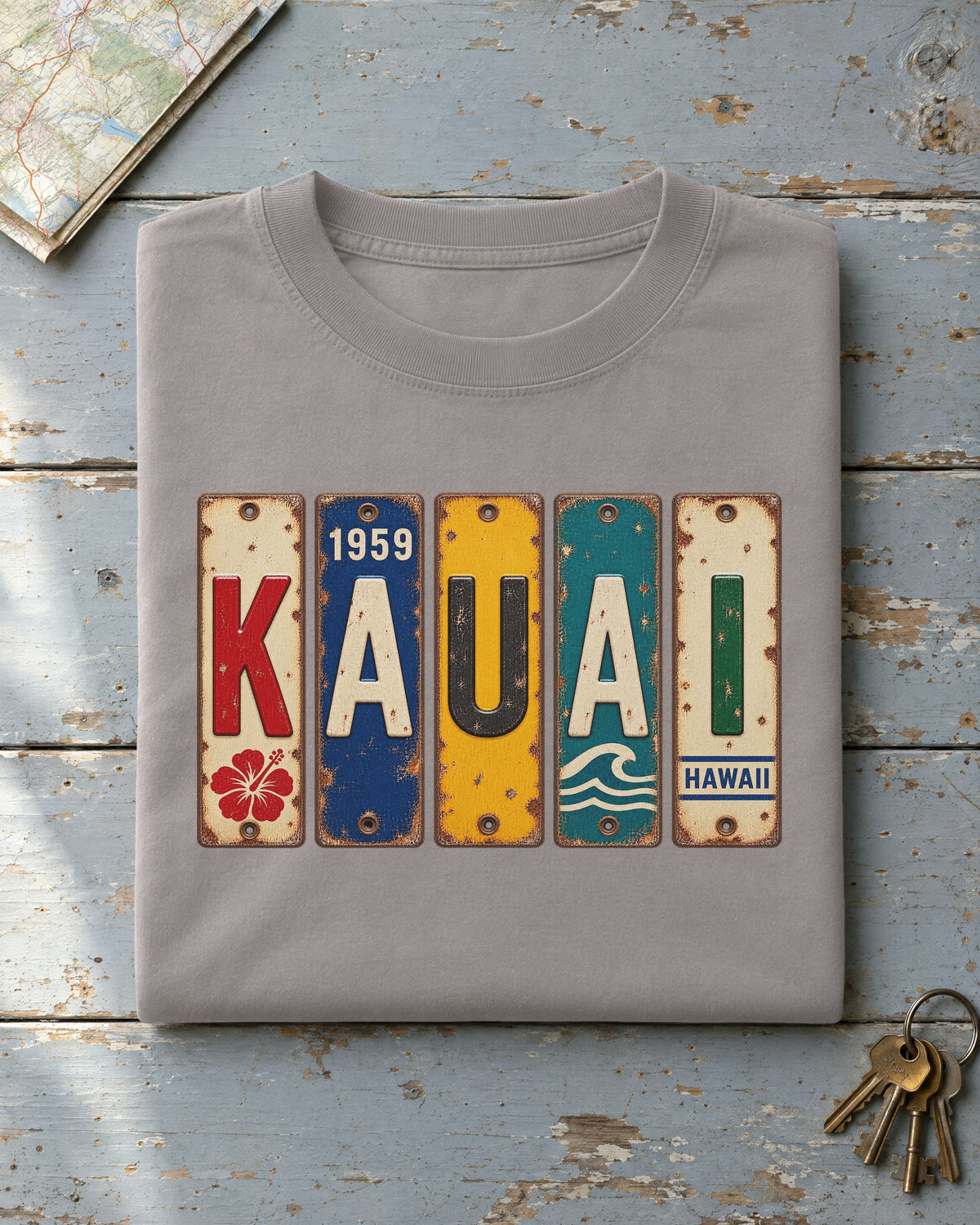 Kauai, Hawaii vintage license plate t-shirt in Grey