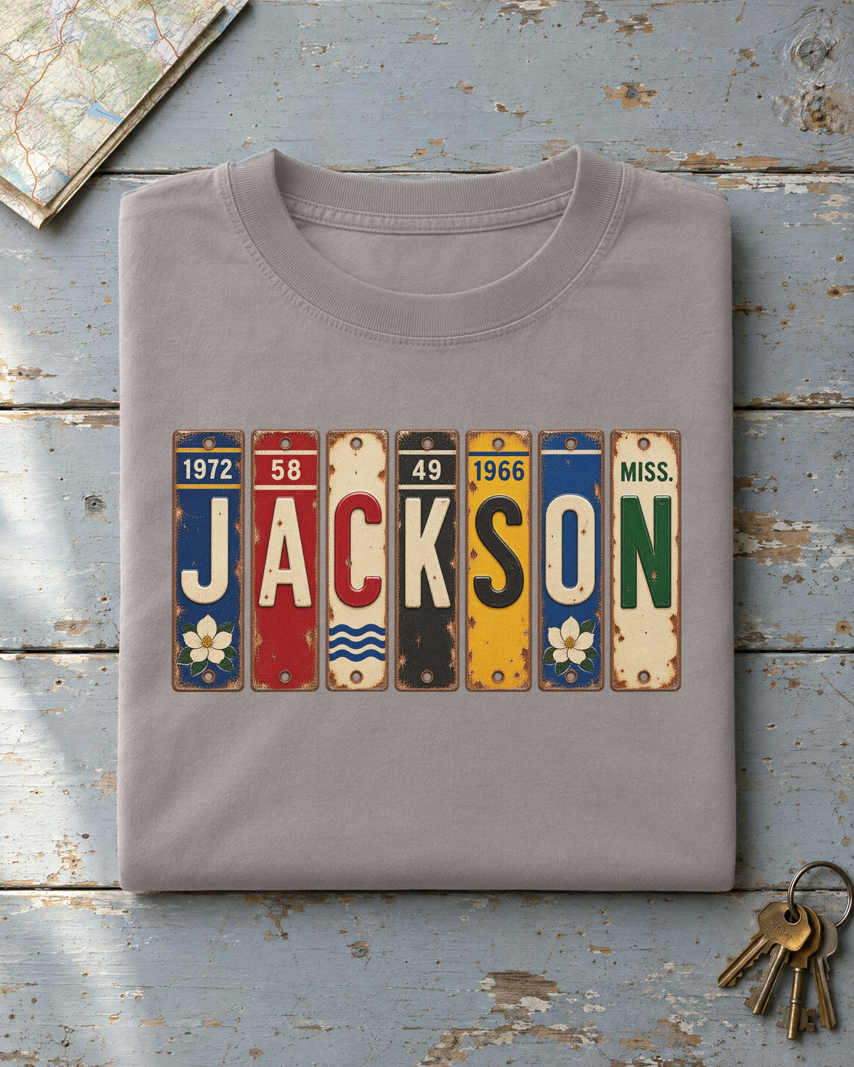 Jackson, Mississippi vintage license plate t-shirt in Grey