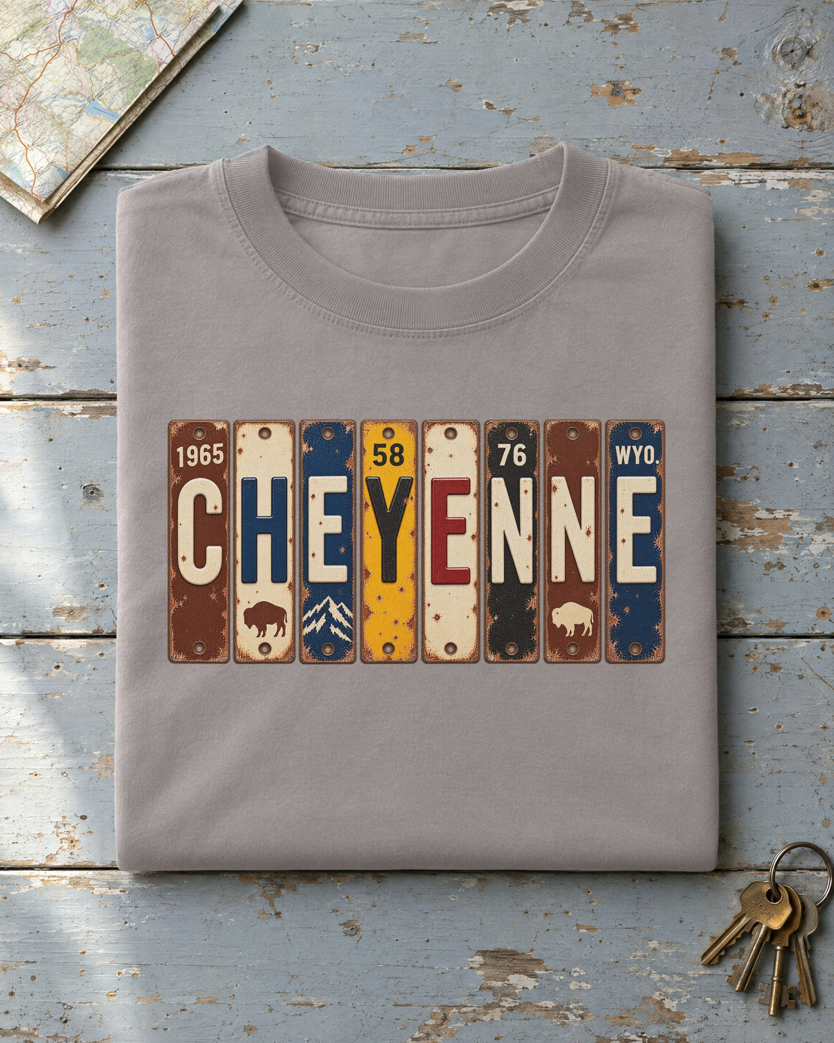 Cheyenne, Wyoming vintage license plate t-shirt in Grey