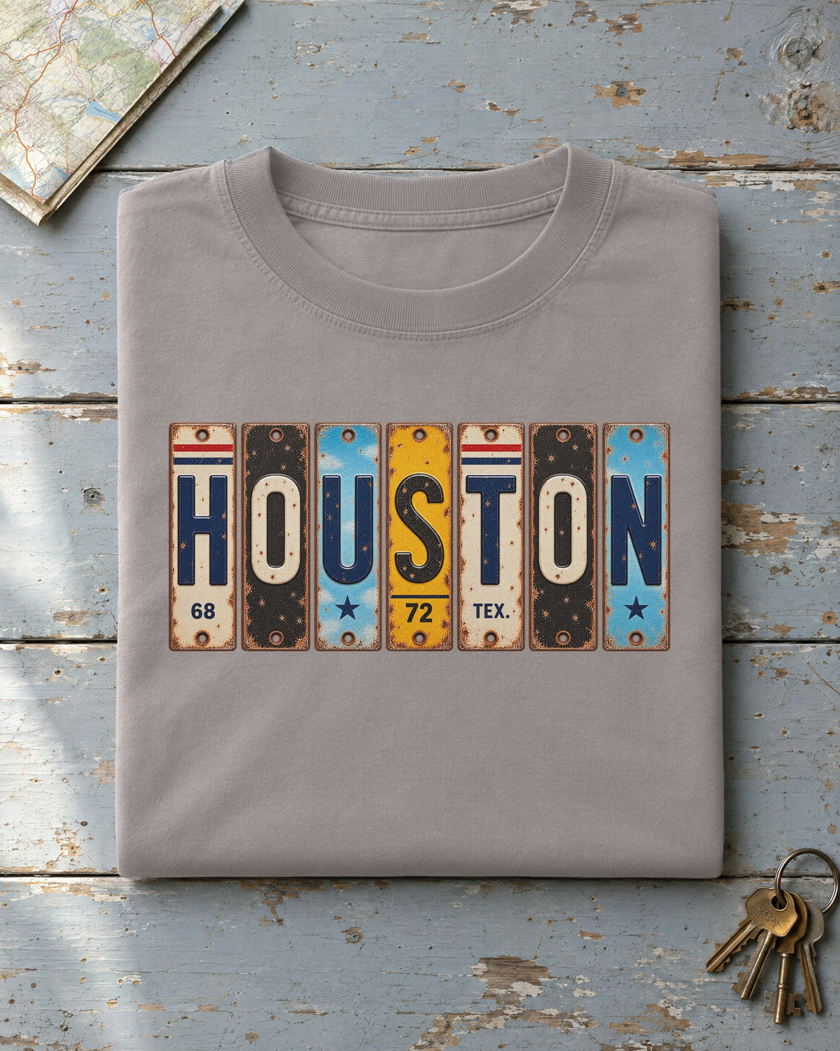 Houston, Texas vintage license plate t-shirt in Grey