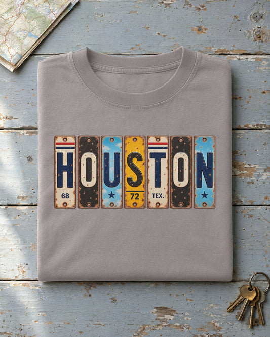 Houston, Texas vintage license plate t-shirt in Grey