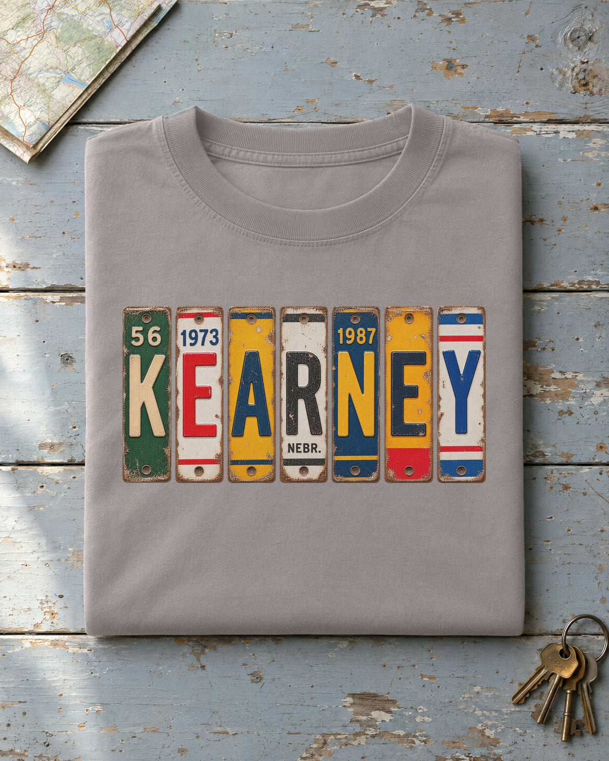 Kearney, Nebraska vintage license plate t-shirt in Grey