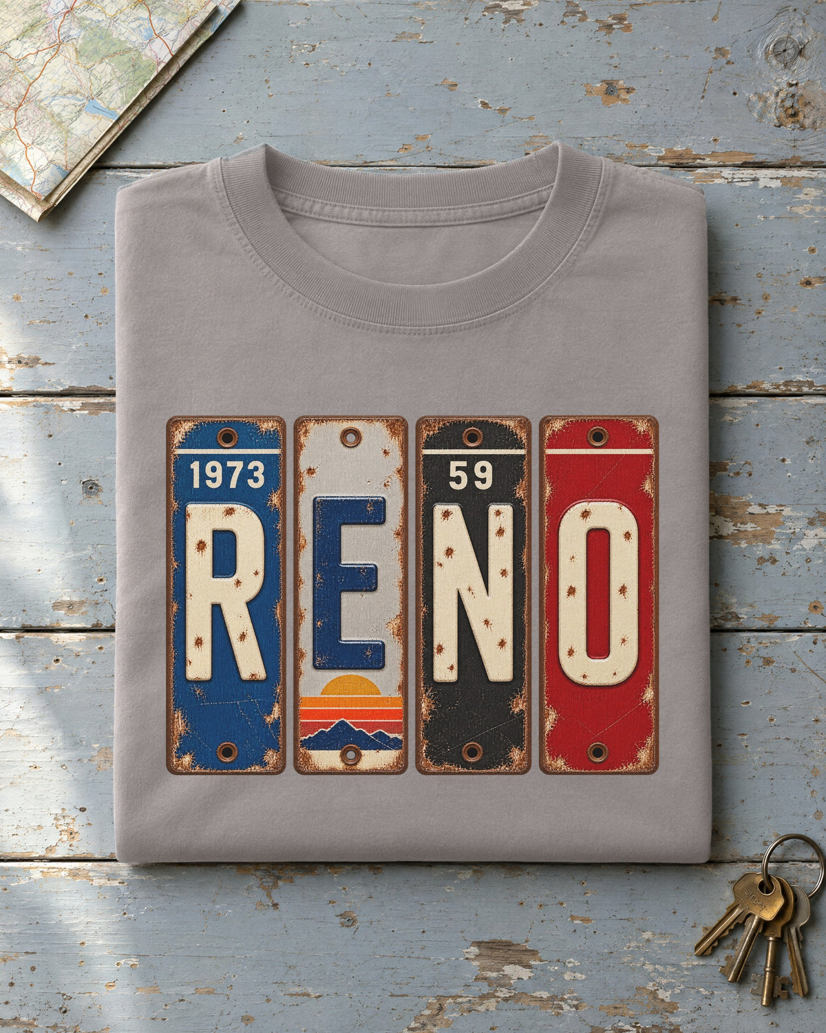 Reno, Nevada vintage license plate t-shirt in Grey