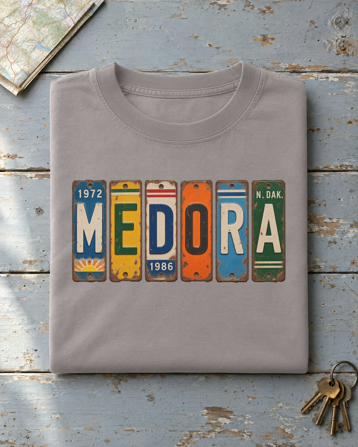 Medora, North Dakota vintage license plate t-shirt in Grey