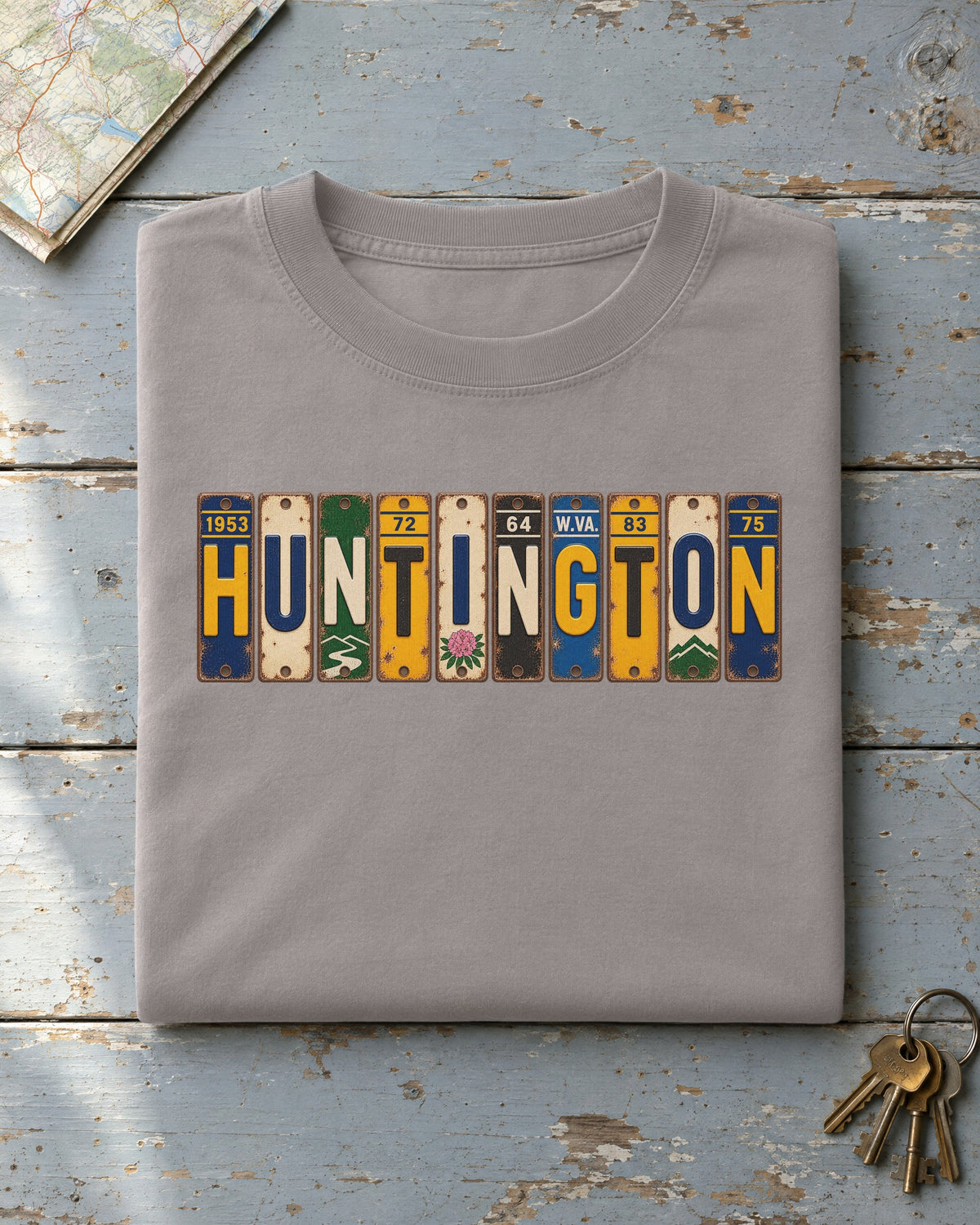 Huntington, West Virginia vintage license plate t-shirt in Grey