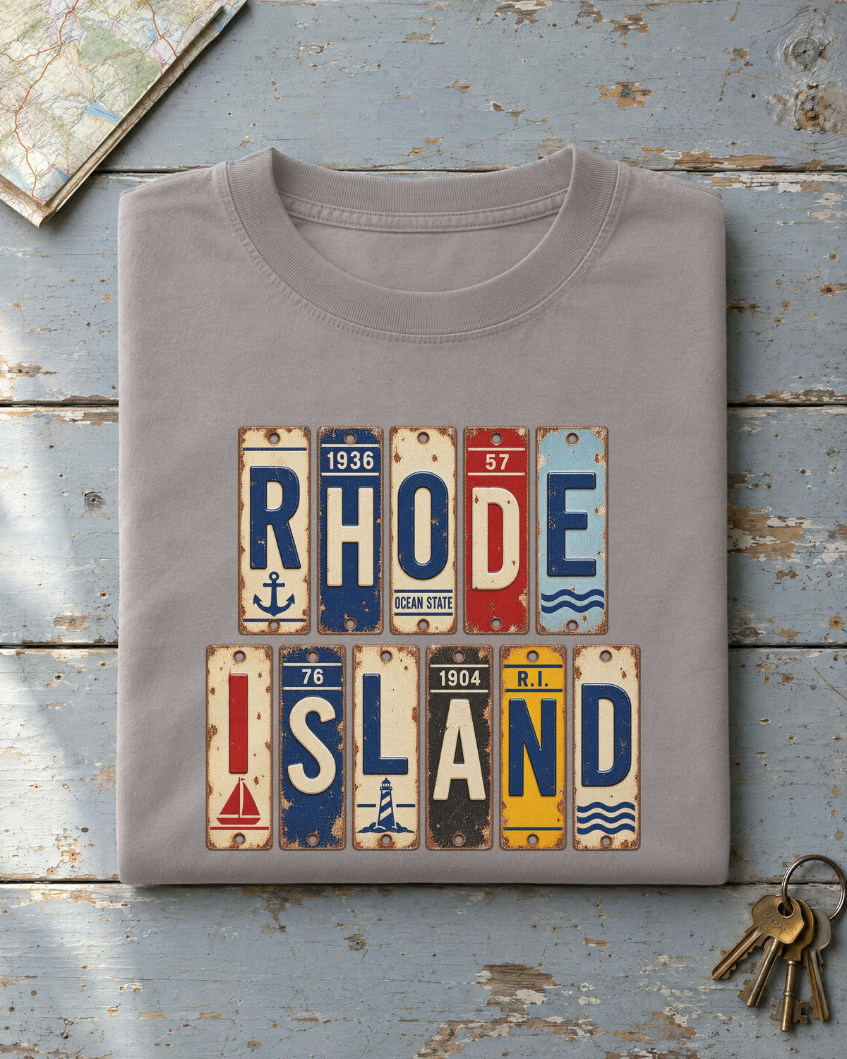 Rhode Island vintage license plate t-shirt in Grey
