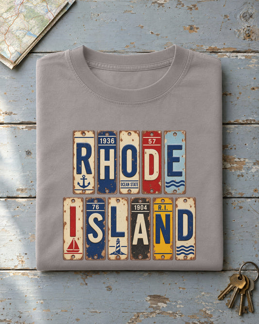 Rhode Island vintage license plate t-shirt in Grey