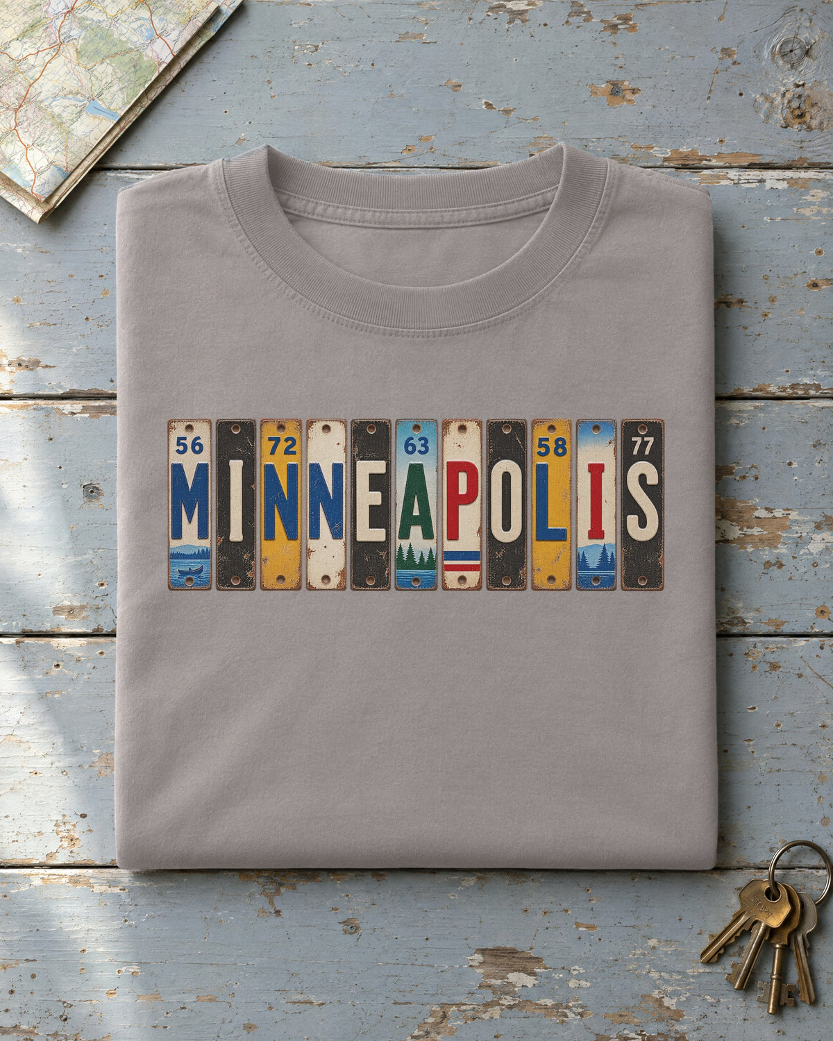 Minneapolis, Minnesota vintage license plate t-shirt in Grey