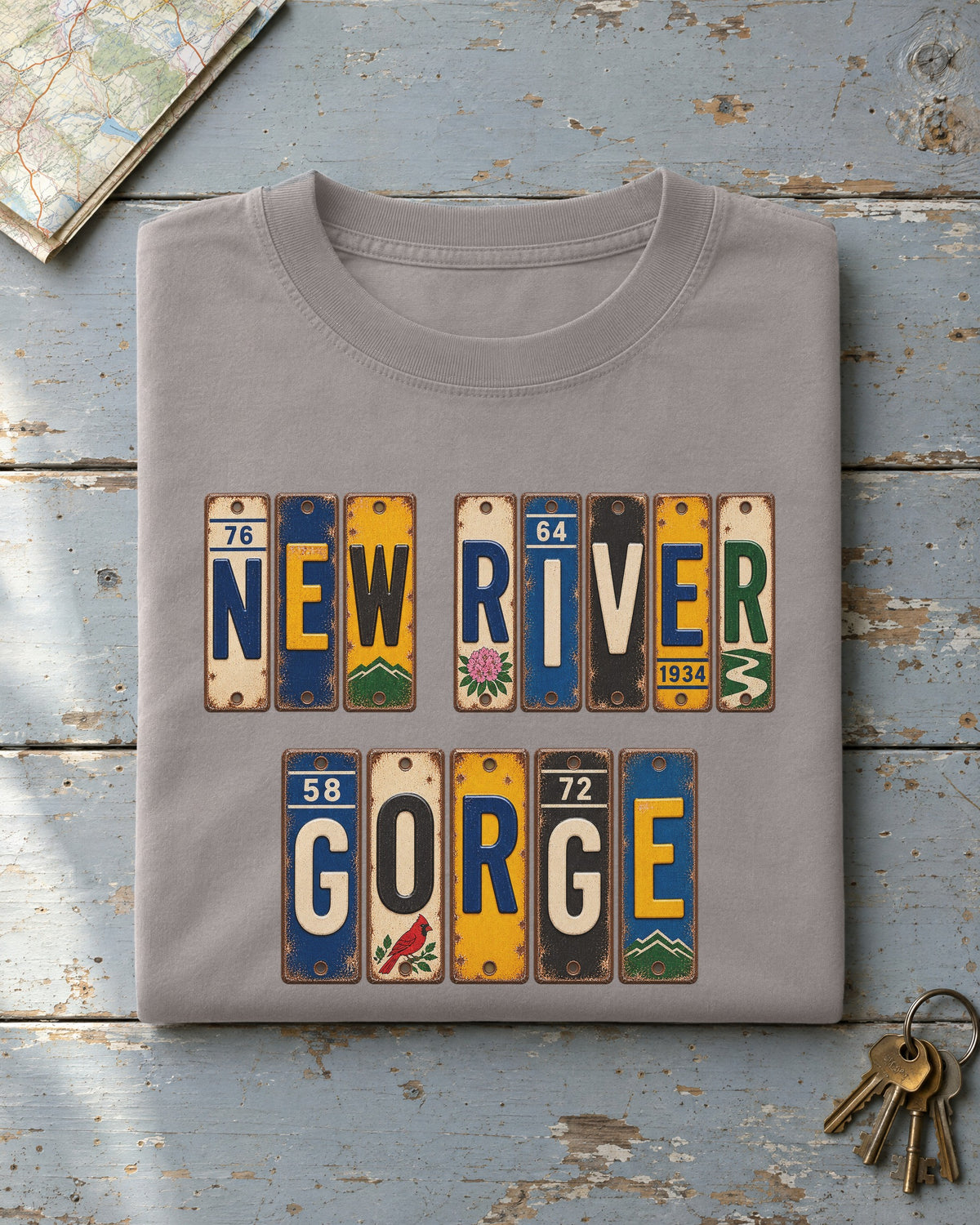 New River Gorge, West Virginia vintage license plate t-shirt in Grey