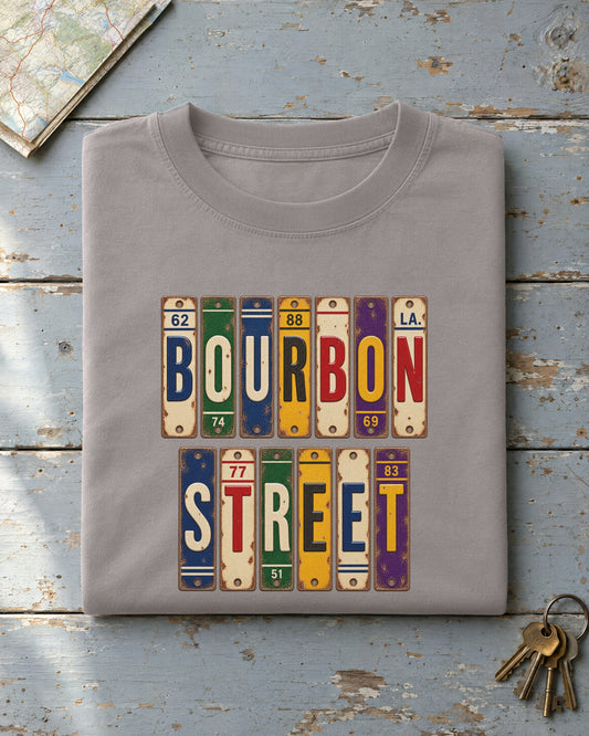 Bourbon Street, Louisiana vintage license plate t-shirt in Grey